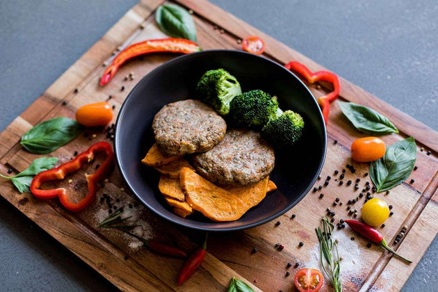 Turkey Patties with Sweet Potato Wedges and Broccolini