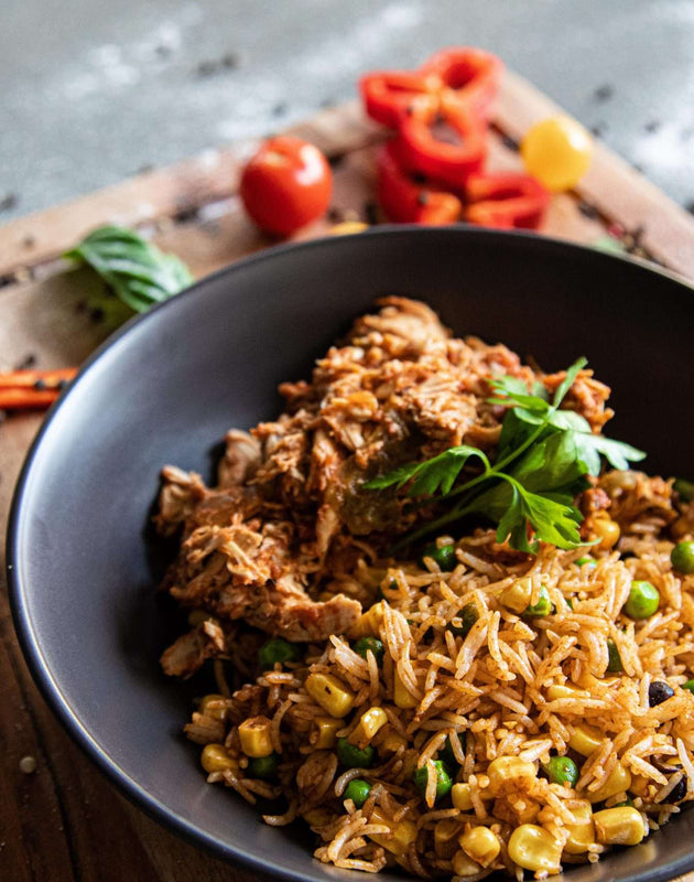 Pulled Chicken Fajita Bowl with Mexican Fried Rice
